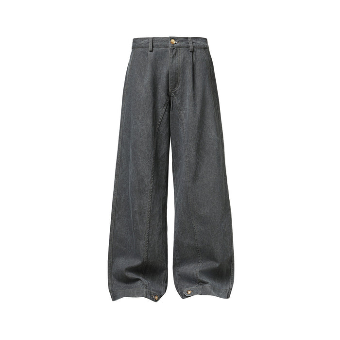 Front view of washed gray wide-leg jeans with pleated waist and cuff button details