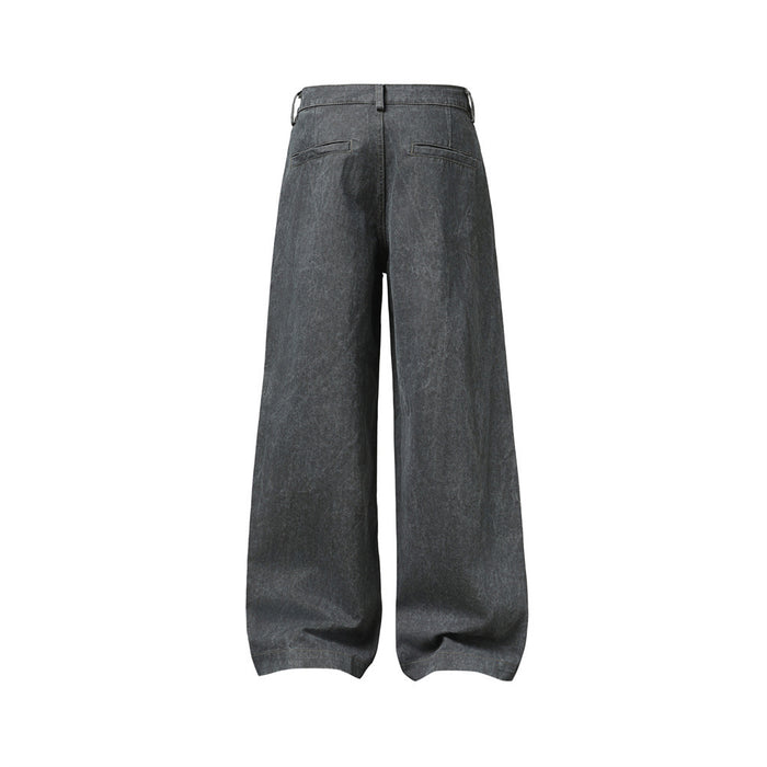 Back view of wide-leg gray denim jeans with back pockets and loose fit