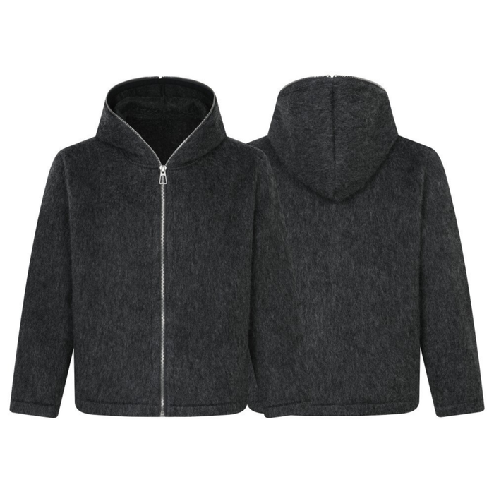 Charcoal wool-blend zip-up hooded jacket shown from front and back on a white background