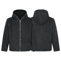 Charcoal wool-blend zip-up hooded jacket shown from front and back on a white background