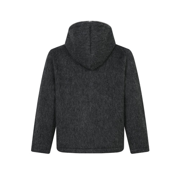 Back view of a dark charcoal wool-blend hooded jacket with a plain hood and straight hem