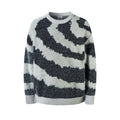 Front view of an oversized fluffy knit sweater with charcoal grey and off-white zebra stripe pattern and ribbed crew neck