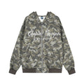 Oversized zip up camo hoodie with glitter speckle print and cursive Chopin Script graphic on chest, front and back view