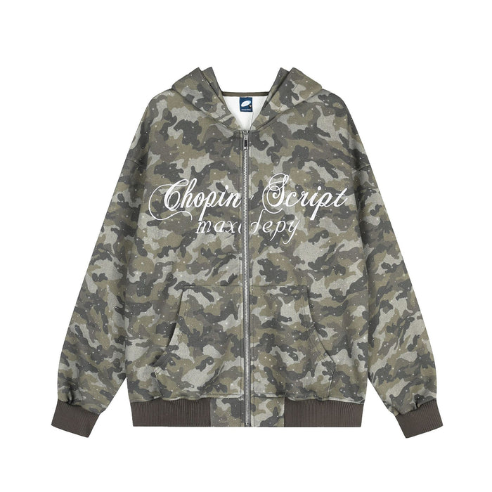 Oversized zip up camo hoodie with glitter speckle print and cursive Chopin Script graphic on chest, front and back view