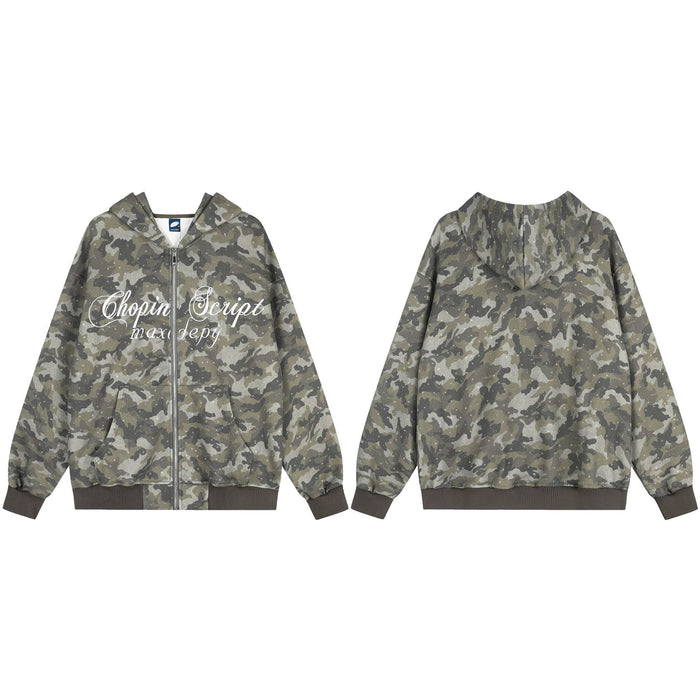 Camo full-zip hoodie shown front and back with white script lettering, glitter specks, dark cuffs, and waistband