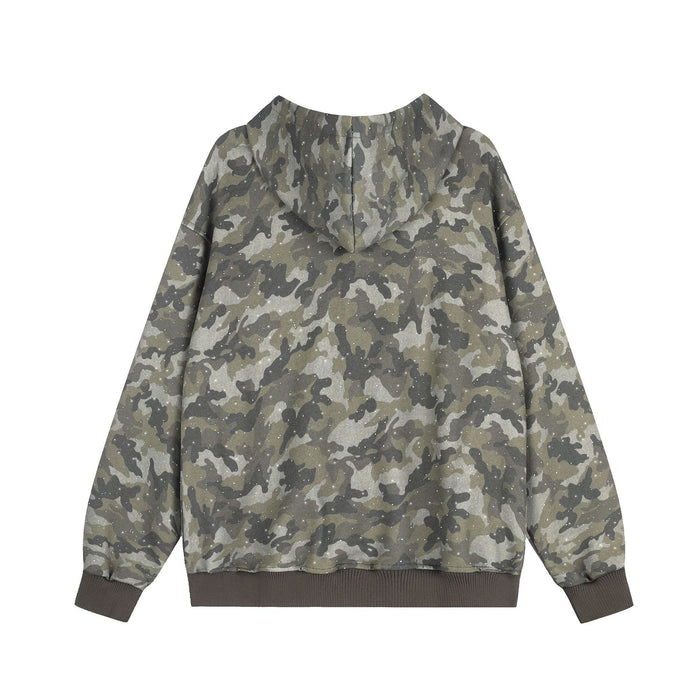 Back view of a gray-green camouflage zip-up hoodie with scattered glitter specks and dark ribbed cuffs and waistband