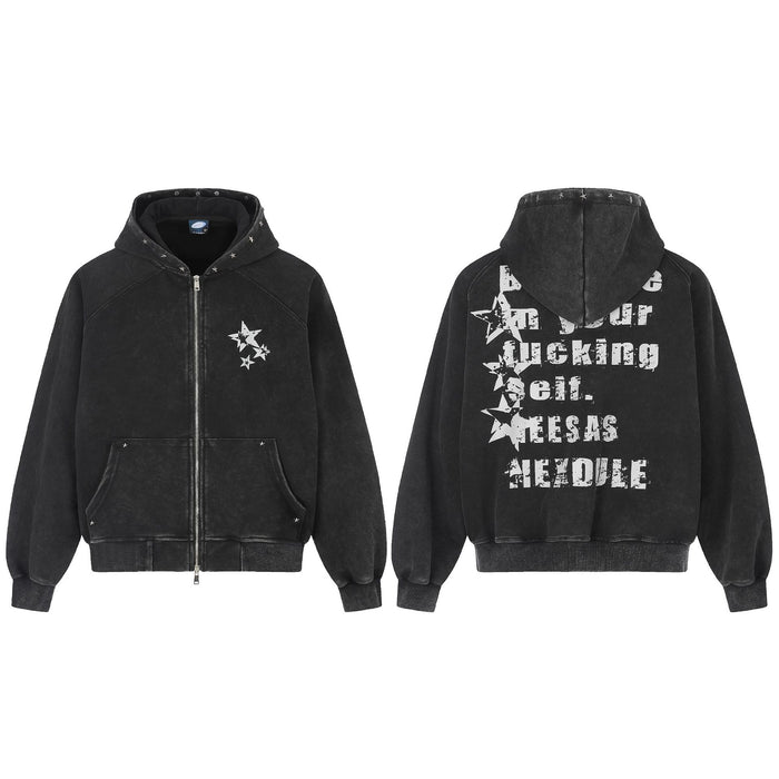 Washed charcoal zip-up hoodie shown front and back with white star graphics, ribbed trims, and rivet details