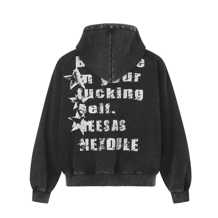 Back view of a washed charcoal zip-up hoodie with distressed white lettering and star graphics