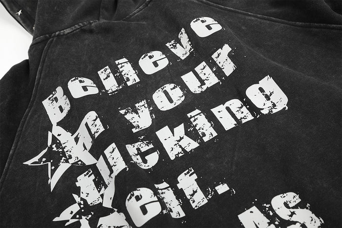 Close-up of the hoodie back showing distressed white lettering and layered star graphics