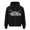 Black zip-up hoodie with distressed TAELPLUS graphic print on chest, raglan sleeves, and structured hood — front view