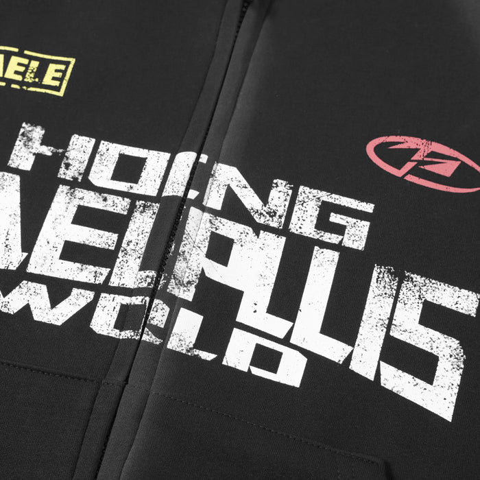 Front of black zip-up hoodie with distressed white graphic print across chest