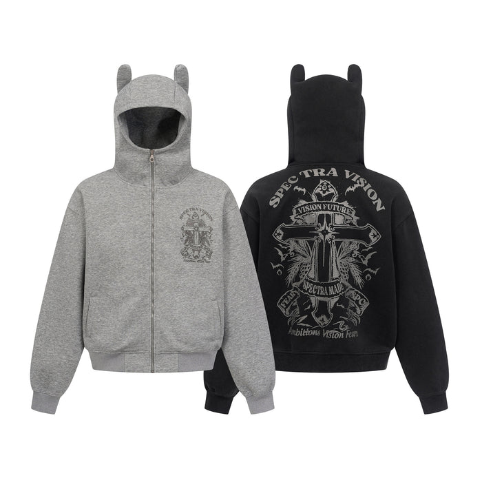 Spectra Vision devil ear zip-up hoodie with gothic cross crest graphic on back, shown in black and heather grey