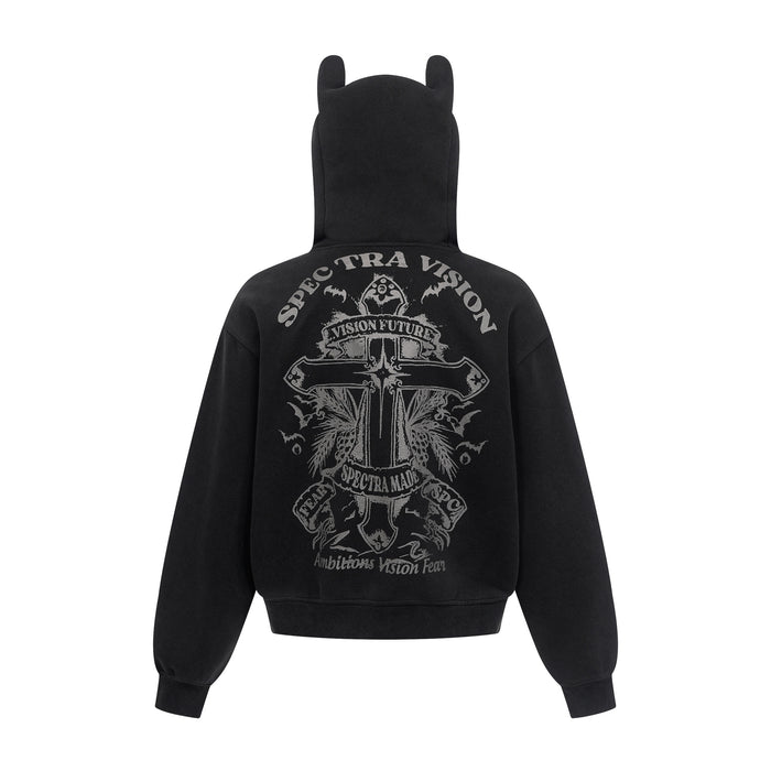 Back view of black zip-up hoodie with ear-tipped hood and large cross graphic with printed text