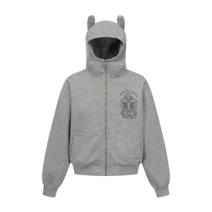 Gray zip-up hoodie with ear-tipped hood, front pockets, and small dark cross graphic on the chest