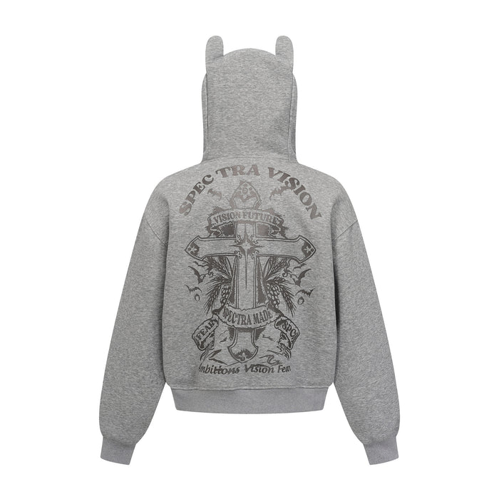 Back view of gray zip-up hoodie with ear-tipped hood and large dark cross graphic with printed text